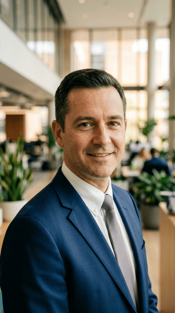 Man in blue suit and tie smiling in a bright office environment